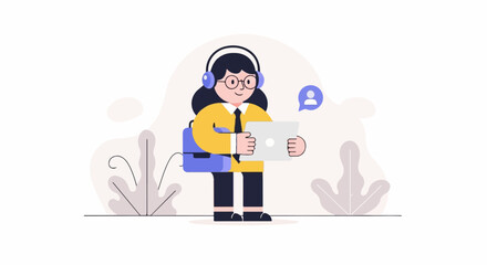 A person with headphones and a briefcase holds a tablet