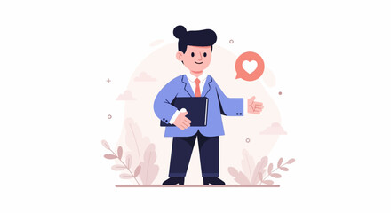 Cheerful businessman in suit offers thumbs up with heart speech bubble and folder
