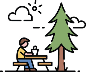 Person working on laptop at outdoor picnic table under tree flat line vector illustration for nature lifestyle workspace concept