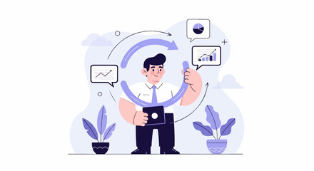 Businessman in white shirt with tie holding tablet, surrounded by purple arrows and charts