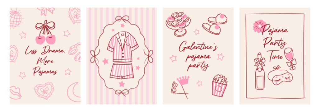 Whimsical pajama party doodle invitation set. Cute hand drawn illustrations for party invitations and celebration design.