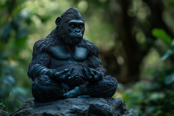 A serene gorilla statue sits cross-legged on a rock in a lush green forest, hands resting in meditation pose.