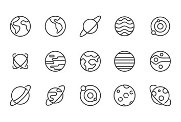 Fifteen outline icons representing planets and celestial bodies in solar system and galaxies with rings and orbits on white background vector illustration © Rayhan