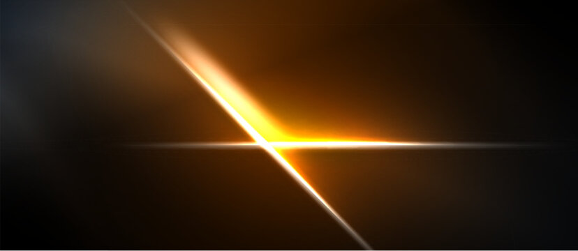 Abstract light flare. Diagonal beam crosses dark background. Bright yellow center creates dramatic effect. Minimalist design.