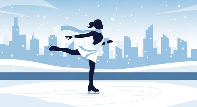 Woman ice skating in winter cityscape with snowy skyline and urban backdrop