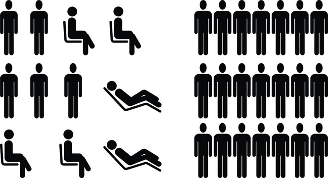 People pictogram icons collection, standing sitting and lying human figures, population infographic symbols, minimal stick person illustration set