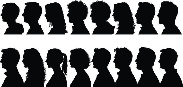 People profile silhouettes collection, men and women side view faces, diverse human head shapes, identity and anonymity concept, black portrait illustration set