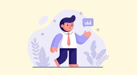 Cheerful person in business attire, with a thought bubble showing a growth chart