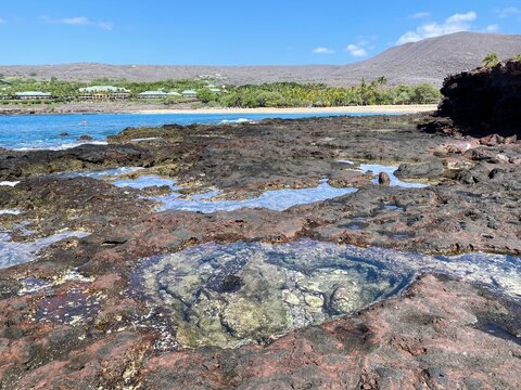Rock pools in black lava along Hulopoʻe Beach on Lānaʻi Island, Hawaiʻi, with clear water, coastal views, and a tropical shoreline.