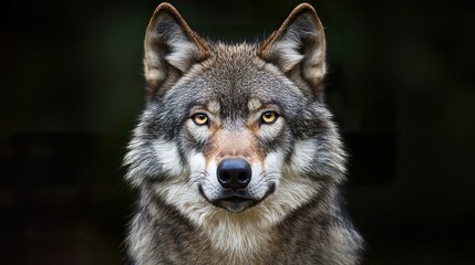 Obraz premium A front-facing, realistic wolf head with thick grey fur, bright yellow eyes, and alert ears. The expression is calm yet fierce.