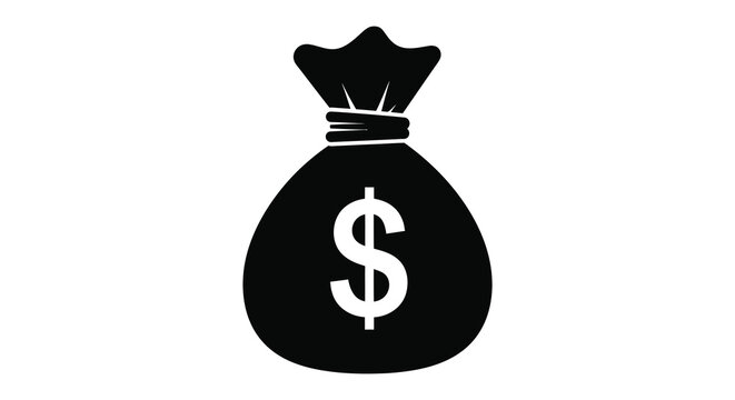 A stark black silhouette depicts a money bag with a prominent dollar sign representing wealth and finance silhouette