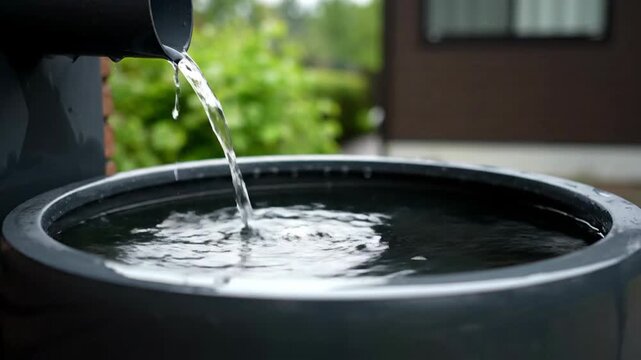 Rainwater flows from a residential downspout into a collection barrel