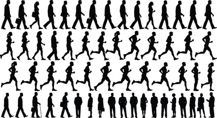People silhouettes showing walking running and standing sequences, black human movement and business lifestyle figures isolated on white