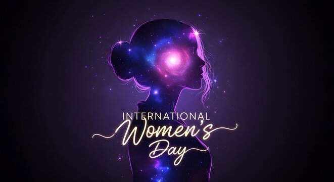 Galaxy Woman Silhouette with Glowing Script Cosmic Poster Design