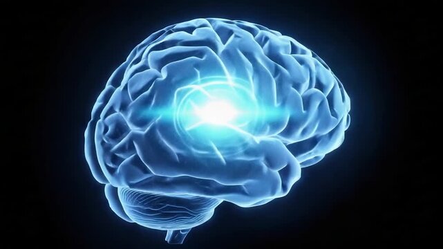Brain's Brilliance: An illuminated, blue-toned visualization of a human brain with a radiant energy source at its core, symbolizing intellect and the power of thought. 
