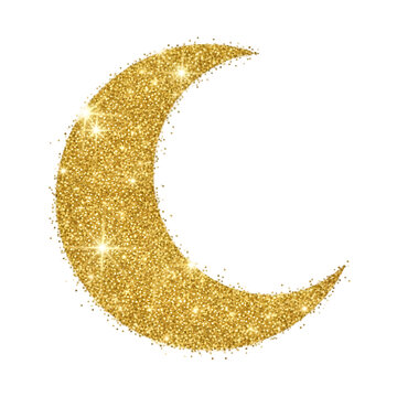 A gold glitter crescent moon shape on a white background.