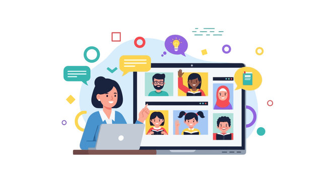 Virtual Classroom Video Call: Female Teacher Leading Diverse Students in Remote Online Education and Webinar Meeting