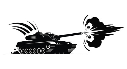 A dynamic black silhouette depicts a tank firing with smoke and speed lines silhouette high quality professional detailed © Kuntol02