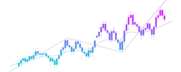 Obraz premium Purple and blue bullish candlestick stock market chart with ascending trend line and moving average isolated on transparent background