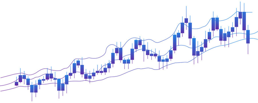 Blue and purple candlestick stock market chart with volatility bands and upward bullish trend isolated on transparent background