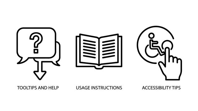 Help and accessibility icons: tooltips, usage instructions book, and accessibility tips for disabled users. Representing information, guidance, and inclusivity. Simple outline graphics for user suppor