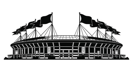 A striking black and white illustration depicts a stadium with waving flags presented as a silhouette high quality © Kuntol02