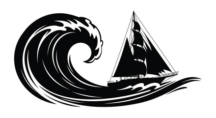 A dramatic black and white illustration depicts a sailing ship battling a large wave a striking silhouette © Kuntol02