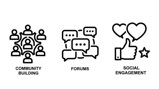Icons illustrating community building, online forums, and social engagement with likes and hearts, signifying connection and interaction.