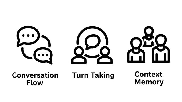 Line icons for conversation flow, turn taking, and context memory in communication, perfect for AI, chatbots, and user interaction design.