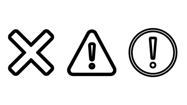 Set of Warning and Alert Icons: Cross, Exclamation Triangle, and Exclamation Circle for Danger, Error, or Notification
