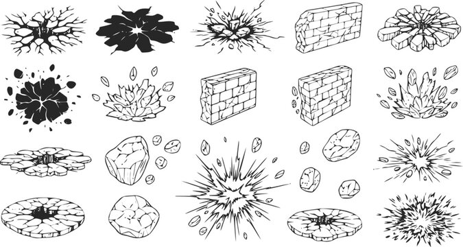 A Collection of Hand Drawn Vector Illustrations of Explosions Rocks and Cracked Ground Elements for Games and Design