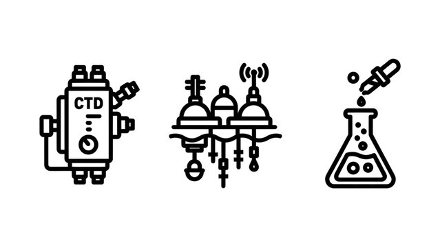 Scientific icons for laboratory equipment and oceanographic research, featuring a CTD profiler, buoys with sensors, and a dropper with a flask.