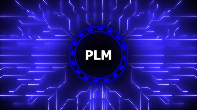 Animated digital plm logo design with circuitry background for technology presentations, 4k animation motion graphics video