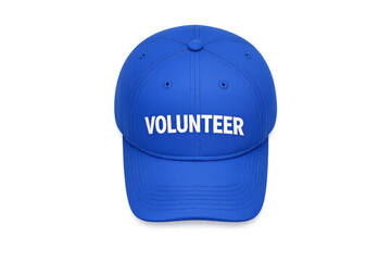 Bright blue baseball cap with the word VOLUNTEER embroidered in white letters