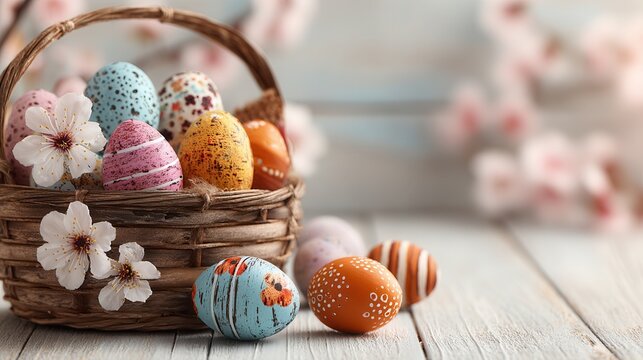 A basket filled with multicolored eggs sits on a wooden table, showcasing vibrant hues and natural light, ideal for Easter or spring-themed designs.