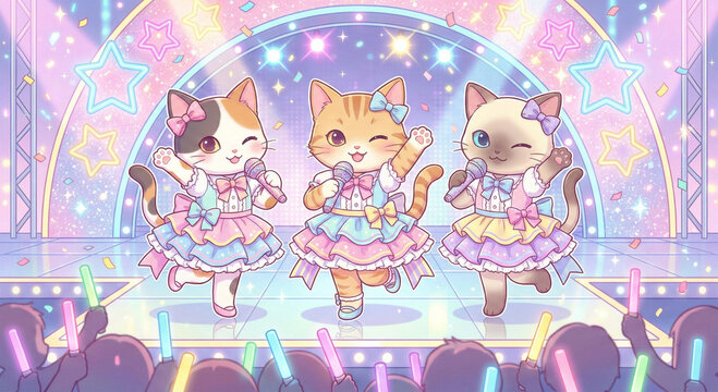 Three cat characters as idols performing on stage with colorful light sticks, anime style illustration