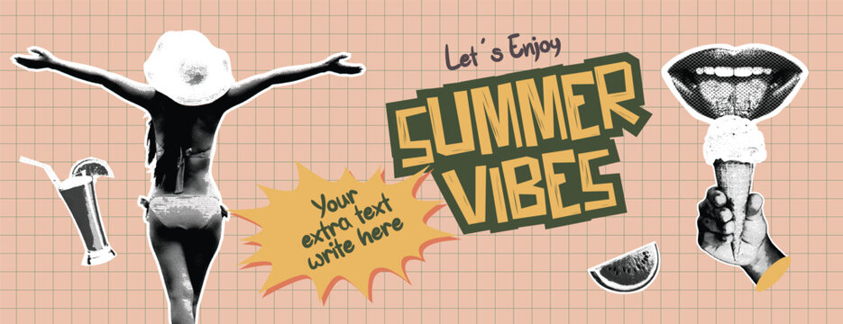 Retro vintage pop art comic style halftone collage summer holiday vacation banner Summer vibes banner with woman in bikini beach accessories and halftone collage sensation lips eating ice cream