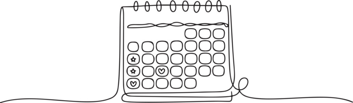 Loose-leaf calendar continuous line drawing. One line art of calendar, memorable date, countdown, holiday, weekday and weekend. one line Icon drawing