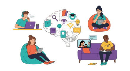 Fototapeta premium Online E-Learning Concept: Diverse Students Studying Remotely at Home, Connecting Knowledge Through Digital Brain Network and Distance Education Technology.