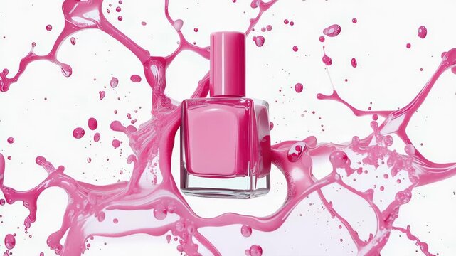 Pink nail polish bottle with bright pink paint splash in studio setting