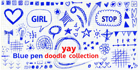 Blue pen doodles featuring hearts stars speech bubbles and arrows