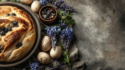 Golden fried bread with fresh blueberries and two eggs cooking in a black pan on a wooden table, natural morning light highlighting textures and colors.