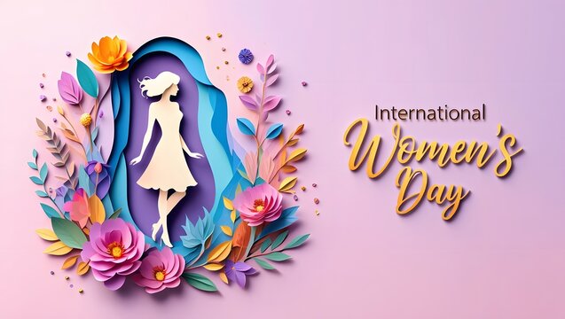 Paper-Cut Woman Silhouette with Floral and Golden Script International Women&rsquo;s Day Poster