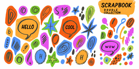 Colorful scrapbook doodles featuring speech bubbles stars and playful shapes