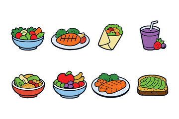 A colorful illustration of various healthy food options on plates and in bowls