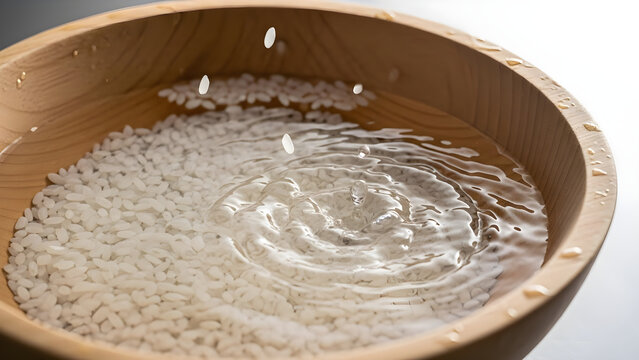 Rice Being Washed in a Wooden Bowl