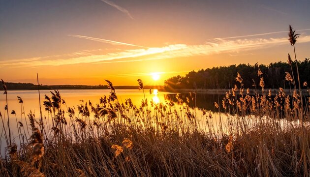 Sonnenuntergang am See mit Schilf