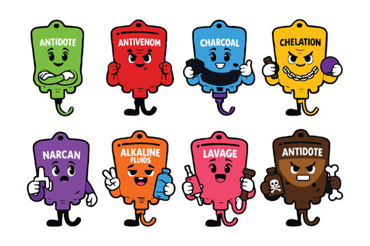 A colorful illustration of cartoon characters representing various medical treatments and antidotes