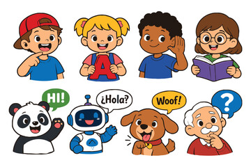 A colorful illustration of diverse children and animals with speech bubbles. © Cretive Leon