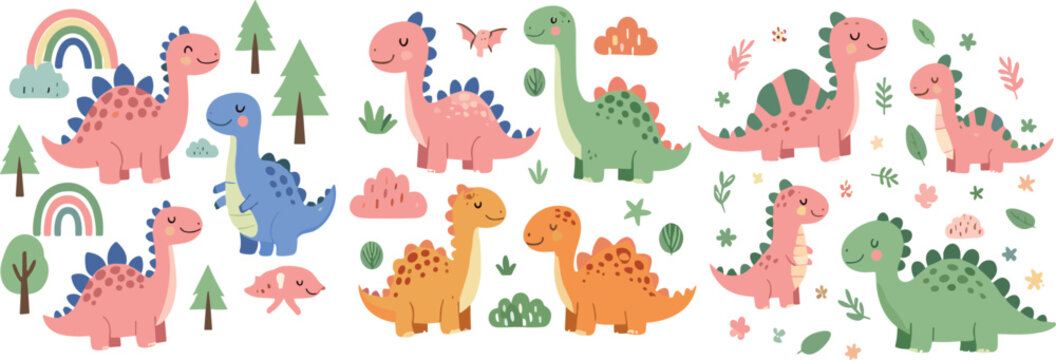 Cute Cartoon Dinosaur Collection with Rainbow, Trees and Nature Elements for Kids Nursery Vector Illustration Set
